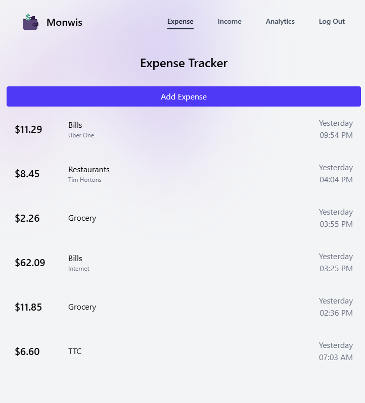 Monwis expense tracker dashboard screenshot showing categorized transactions